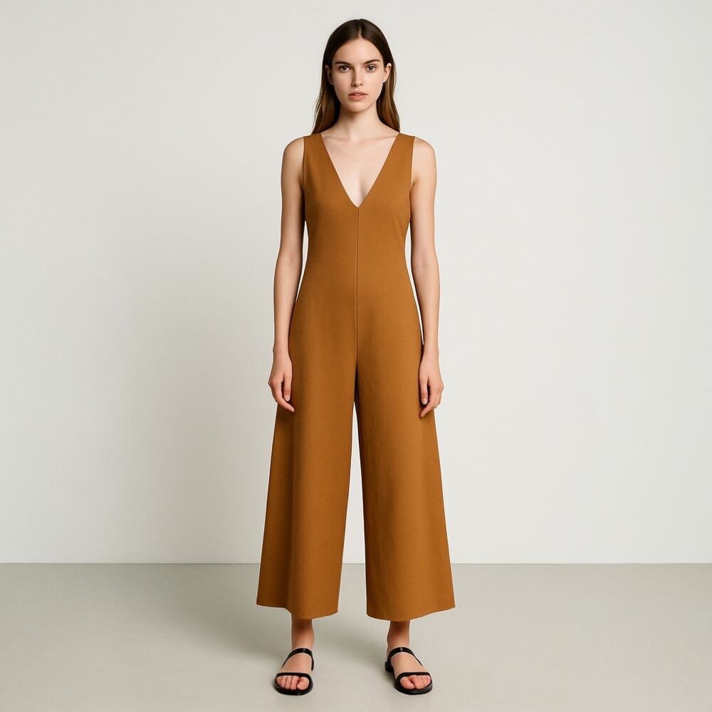 NEW Anthropologie x Caara Brown Sleeveless Deep V Neck Overall Jumpsuit Size S